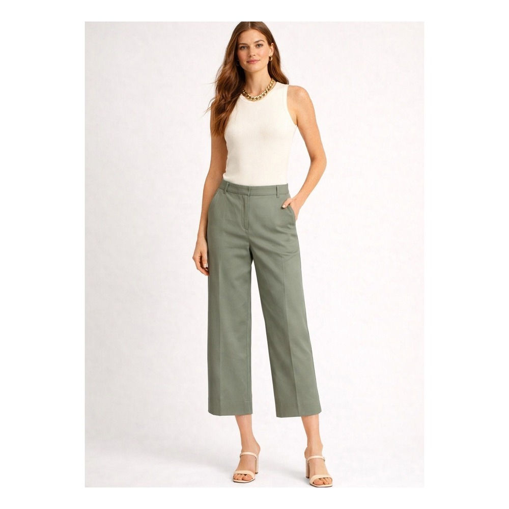NWOT Trina Turk Cropped Wide Leg Pants Womens Size 2 Sage Mercerized Cotton USA